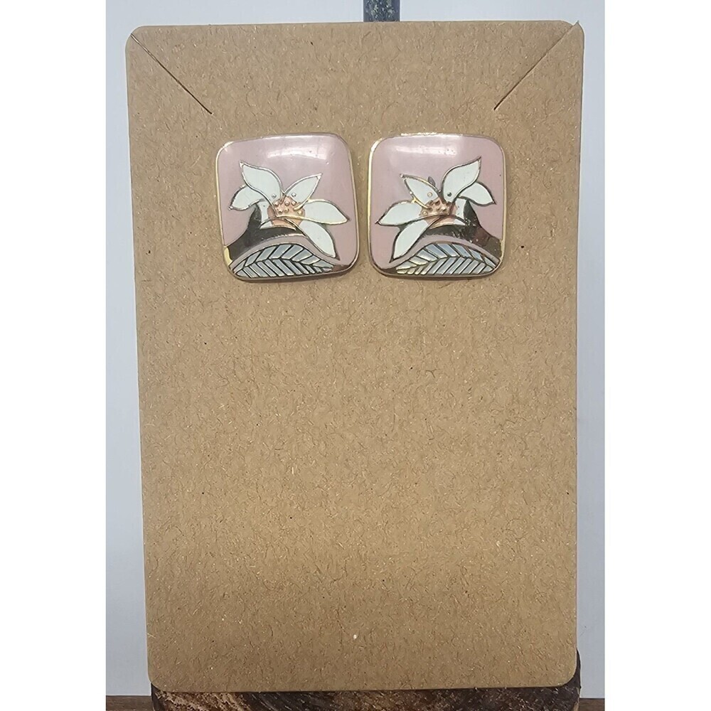 Vintage Laurel Burch Wild Lily Pink White Cloisonne Enamel Gold Plated Earrings